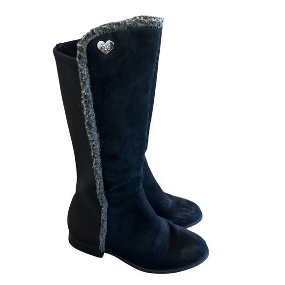 Stuart Weitzman 50/50 Shearling Black Dark Gray Boots Heart Suede Size 4 Girls - Picture 1 of 12